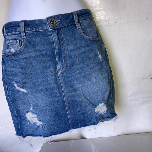 Distressed Medium-wash Blue Denim Mini Skirt - Picture 1 of 3